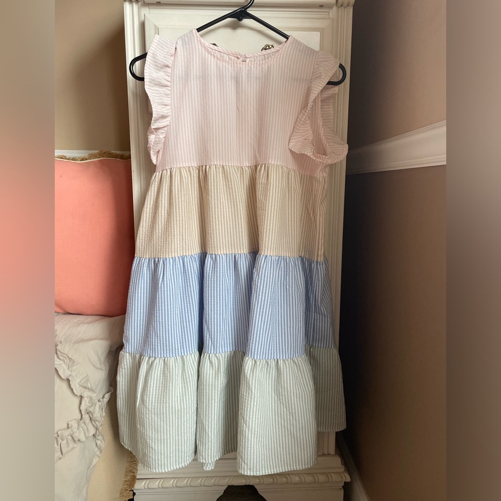 Tiered Pastel Stripe Seersucker  Dress - Pink, Cream, Blue, Mint